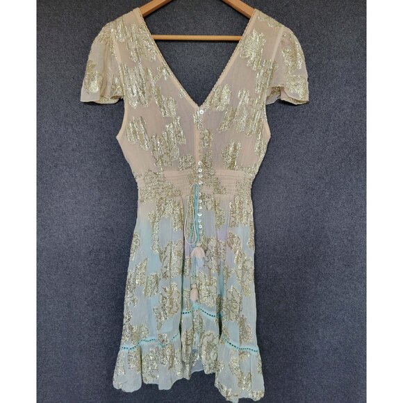 Boho Madrid Size S Short Sleeve Lurex Floral Mini Ombre Dress - Picture 2 of 14